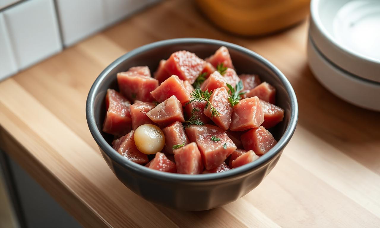 Schale mit frischem Katzenfutter aus rohem Fleisch und Kräutern