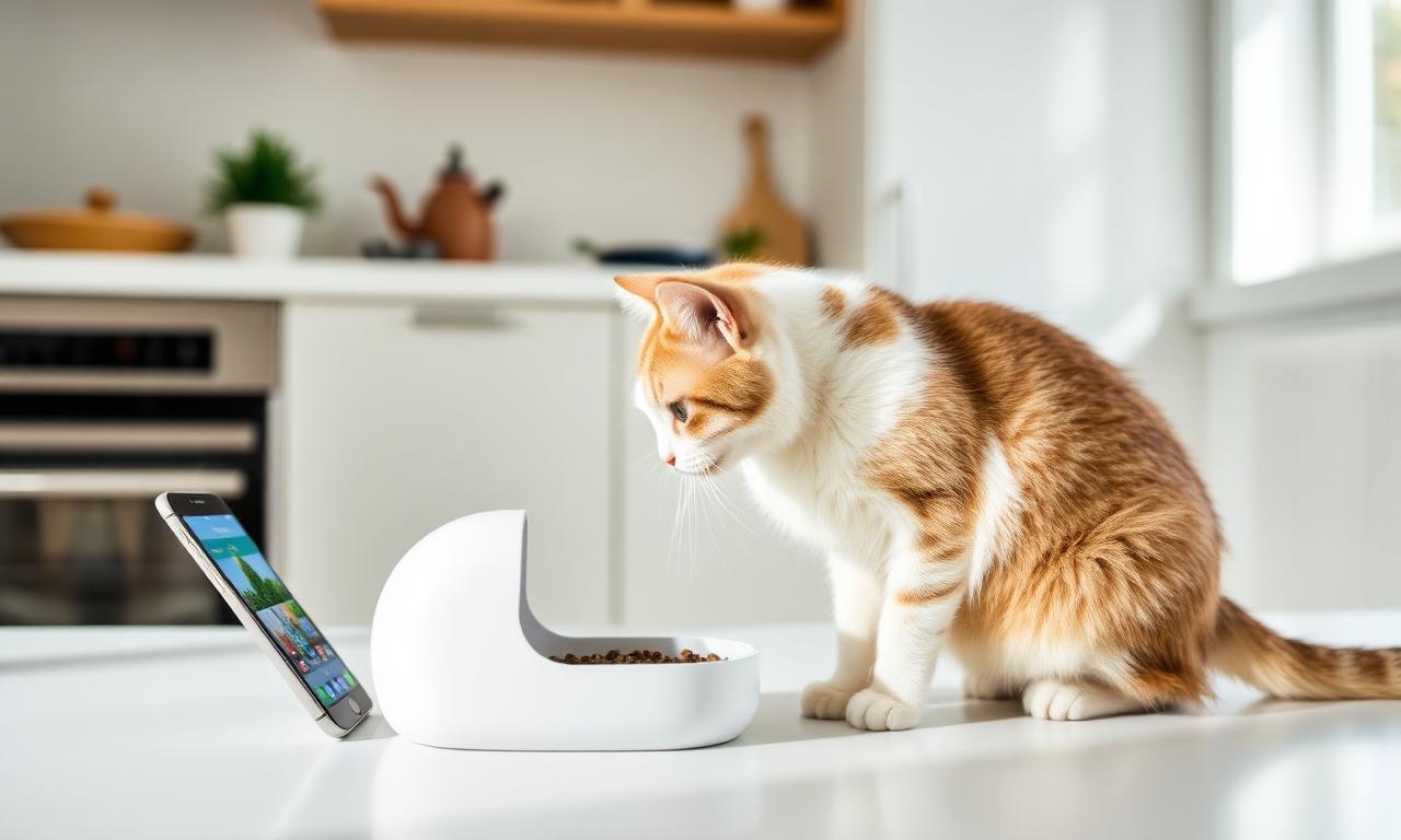 Katze mit modernem smartem Futterautomaten und Smartphone in einer hellen Küche