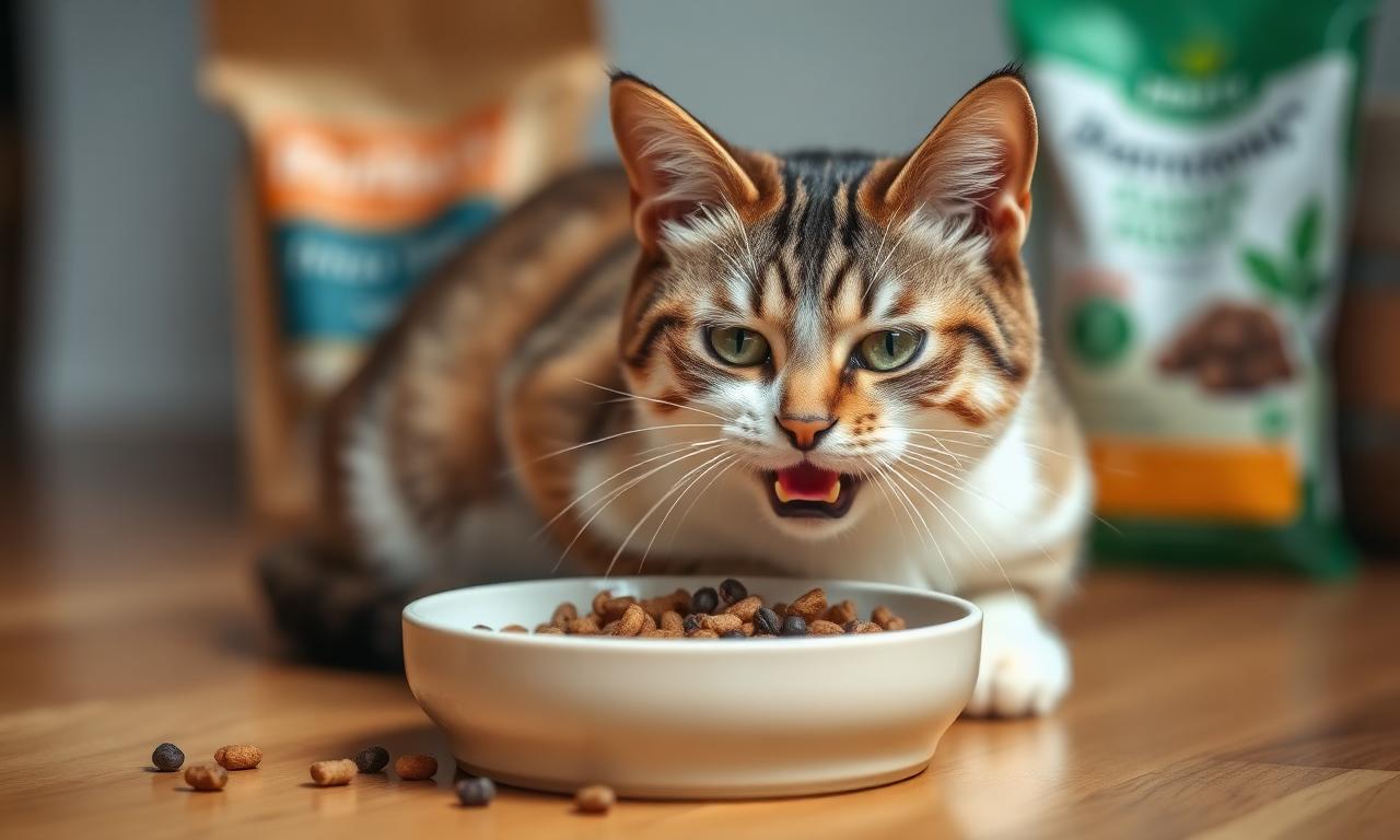 Glückliche Katze frisst nachhaltiges Futter mit umweltfreundlicher Verpackung im Hintergrund